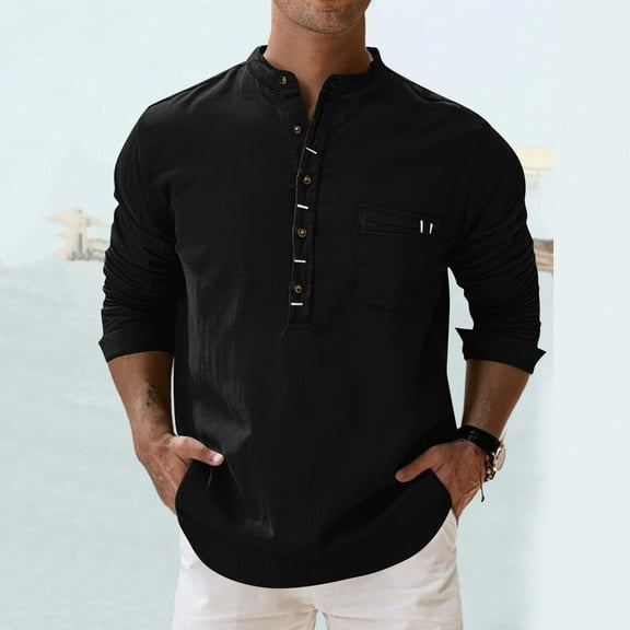 Free Shipping Men's Linen Henley Shirt Long Sleeve Fashion Casual Cotton Soft Washed with Pocket Beach T Shirt