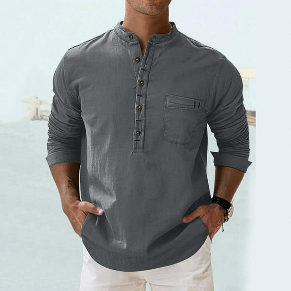 Free Shipping Men's Linen Henley Shirt Long Sleeve Fashion Casual Cotton Soft Washed with Pocket Beach T Shirt