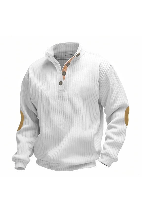 Free Shipping Mens Long Sleeve Shirts Button Stand Neck T-Shirts Fall Color Block Stylish Shirt Casual Loose Fit Ribbed Clothes