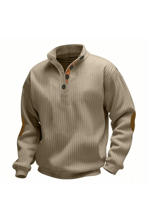 Free Shipping Mens Long Sleeve Shirts Button Stand Neck T-Shirts Fall Color Block Stylish Shirt Casual Loose Fit Ribbed Clothes