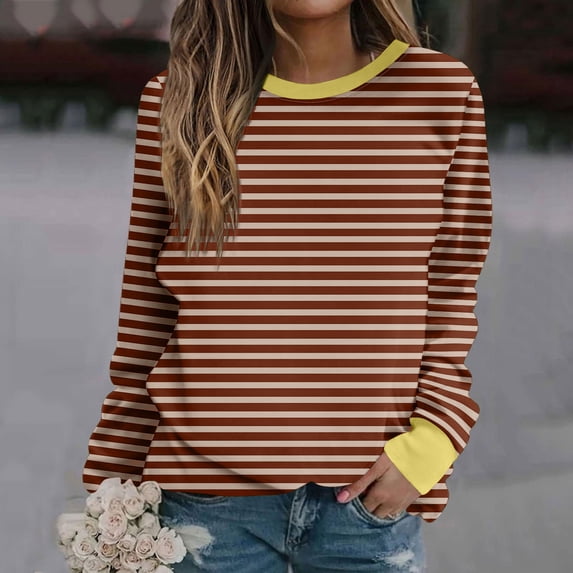 Free Shipping Women Striped Oversized Sweatshirt Long Sleeve Color Block Hoodies Casual Loose Trendy Crew Neck Tops