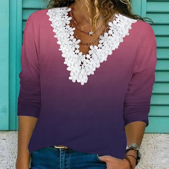 Free Shipping Women's Fashion Fall Gradient Tops Long Sleeve Lace Trim V Neck Casual Shirts Basic Tees Loose Fit Tunic Blouses
