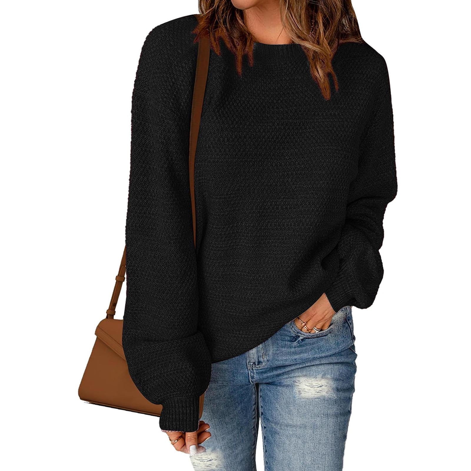 Free Shipping Women's Oversized Crewneck Sweater Puff Long Sleeve Cable Slouchy Pullover Jumper Tops Classic Solid Knit Sweaters