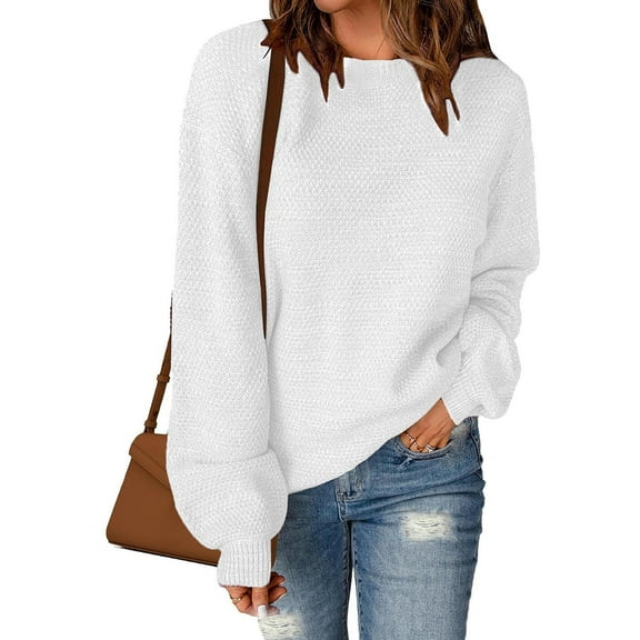 Free Shipping Women's Oversized Crewneck Sweater Puff Long Sleeve Cable Slouchy Pullover Jumper Tops Classic Solid Knit Sweaters