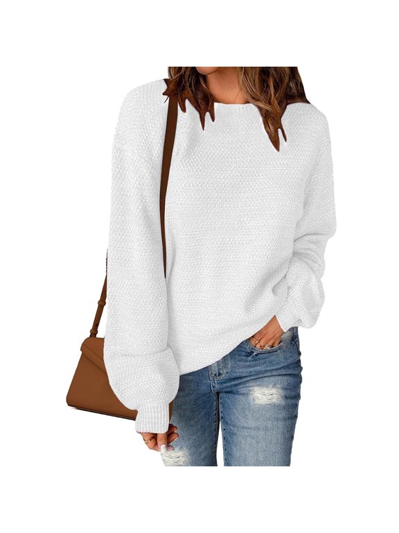 Free Shipping Women's Oversized Crewneck Sweater Puff Long Sleeve Cable Slouchy Pullover Jumper Tops Classic Solid Knit Sweaters