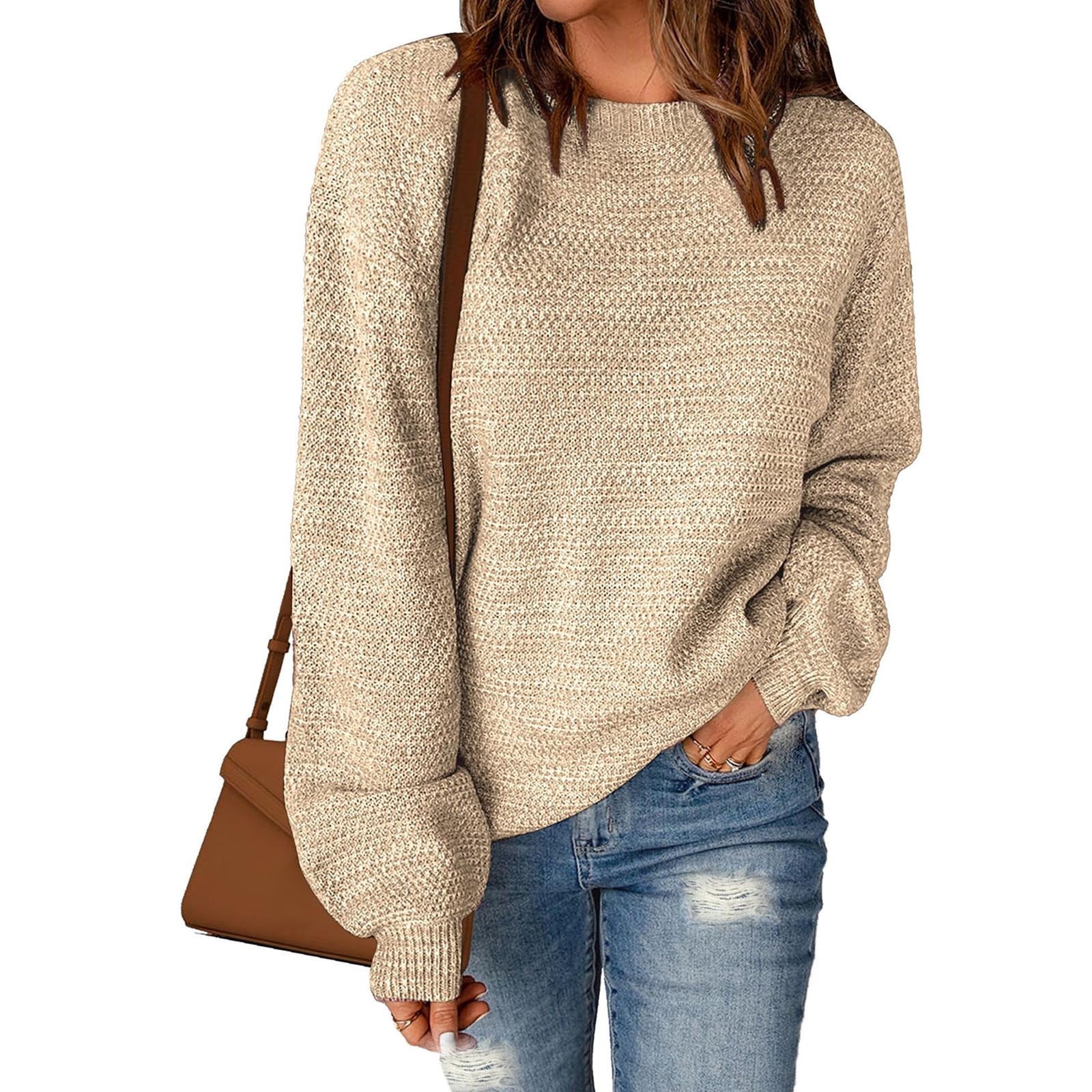 Free Shipping Women's Oversized Crewneck Sweater Puff Long Sleeve Cable Slouchy Pullover Jumper Tops Classic Solid Knit Sweaters