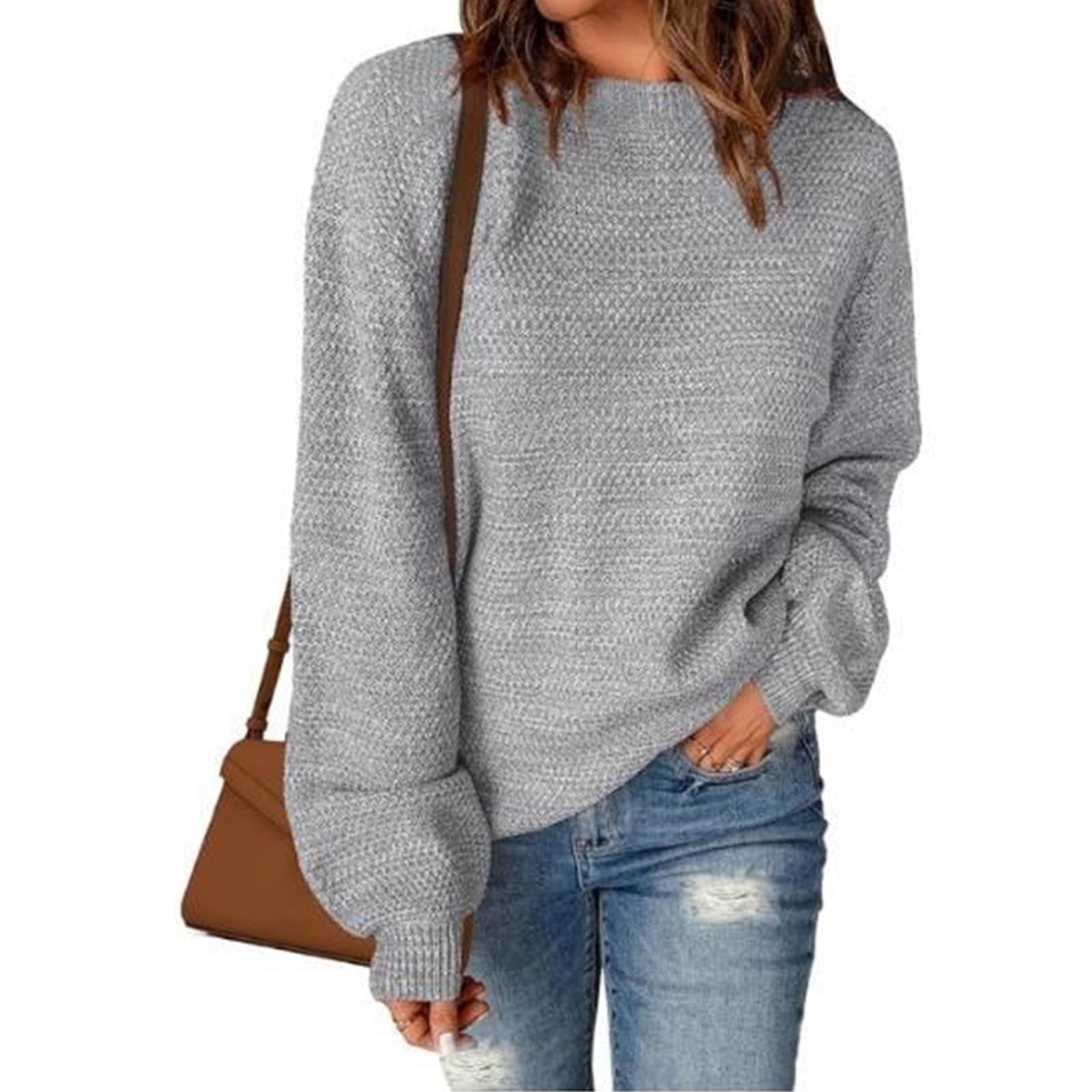 Free Shipping Women's Oversized Crewneck Sweater Puff Long Sleeve Cable Slouchy Pullover Jumper Tops Classic Solid Knit Sweaters