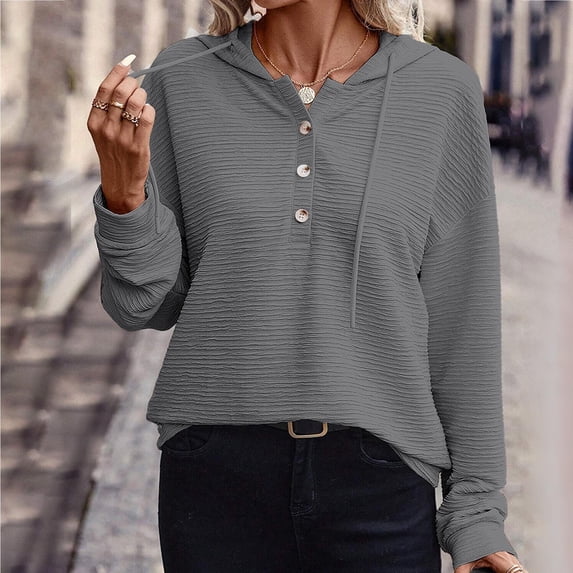 Free Shipping Womens Fall Hoodies Casual Long Sleeve Drawstring Button Collar Shirts Trendy Lightweight Hooded Sweatshirt