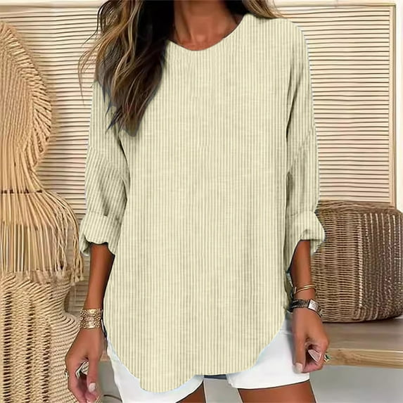 Free Shipping Womens Long Sleeve Tops Striped Color Block Casual Round Neck Shirts Loose Tees Fall Beach Vacation Tunics