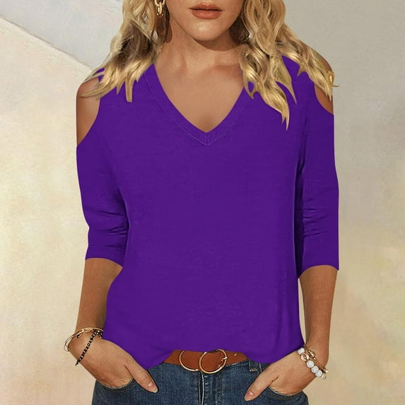 Free Shipping Womens V Neck Cold Shoulder 3/4 Sleeve Tops Casual Shirt Dressy Blouse Trendy Tshirts Gifts for Her Fashion Cothes Tee