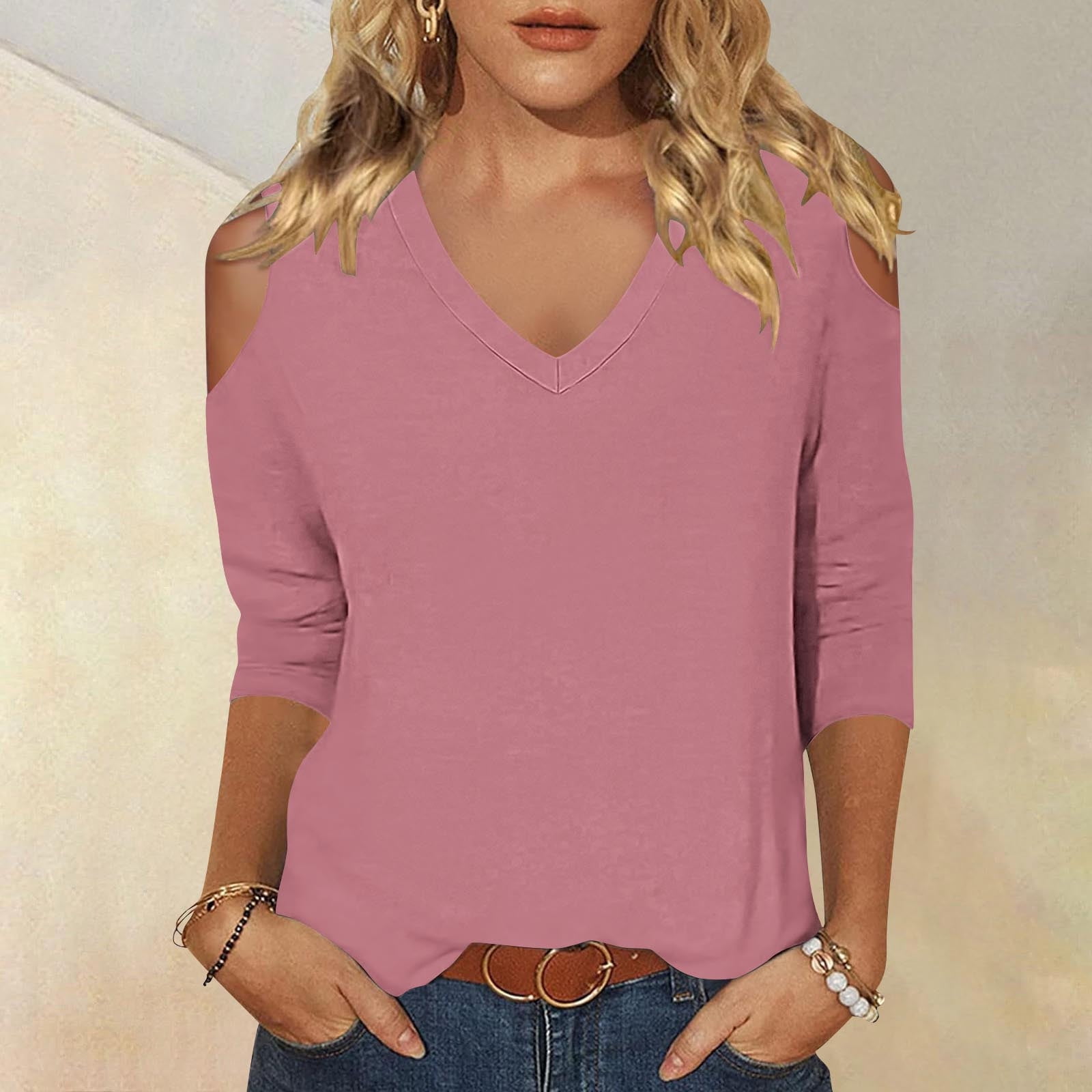 Free Shipping Womens V Neck Cold Shoulder 3/4 Sleeve Tops Casual Shirt ...