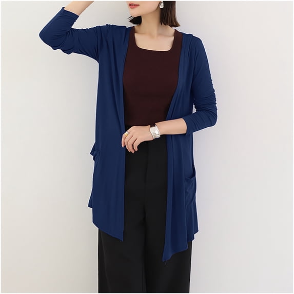 Free Size Long Knit Duster Cardigan Women Open Front Pocket Relaxed Fit Lightweight Outerwear for Beach Office Commute Navy A Free Size