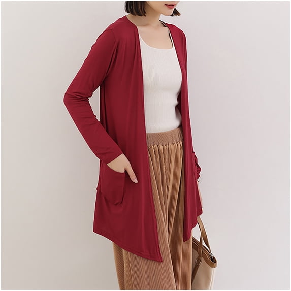 Free Size Long Knit Duster Cardigan Women Open Front Pocket Relaxed Fit Lightweight Outerwear for Beach Office Commute Red A Free Size