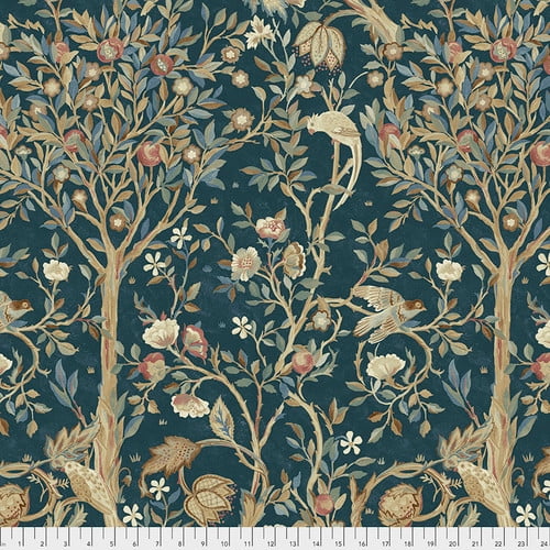 Cotton Orkney Collection Fruit Trees Birds Flowers on Dark Navy Indigo Free Spirit Indigo Cotton Fabric Print by the Yard (PWWM041.INDIGO)