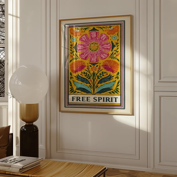 Free Spirit Floral Print, Retro Hippie Flower Wall Art, Boho Spiritual Poster For Dorm Or Meditation Space, Motivational Gift, Poster Only