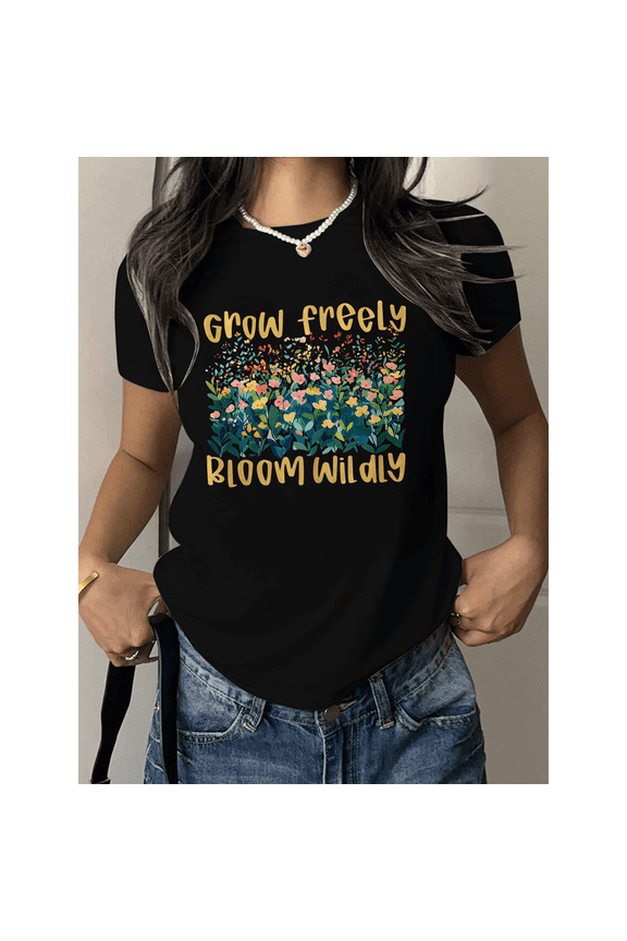 Grow Freely Bloom Wildly Print Tshirts Nature Inspired Graphic Tees Botanical & Flower Uplifting Design Casual Tops Black,3XL