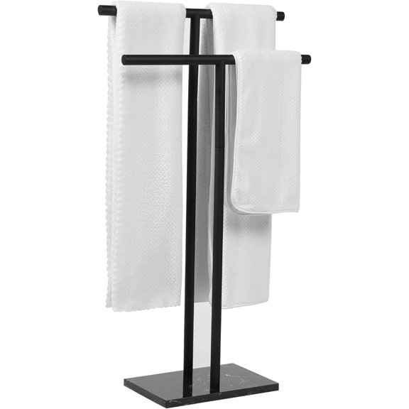Free Standing 2 Tier Towel Rack with Heavy Marble Base Matte Black Finish