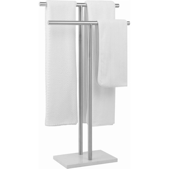 Free Standing 2 Tier Towel Rack with Heavy Marble Base and Brushed Nickel Finish