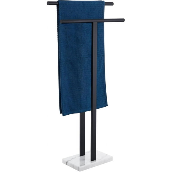 Free-Standing 2-Tier Towel Rack with Heavy Marble Base and Matte Black Stainless Steel Finish