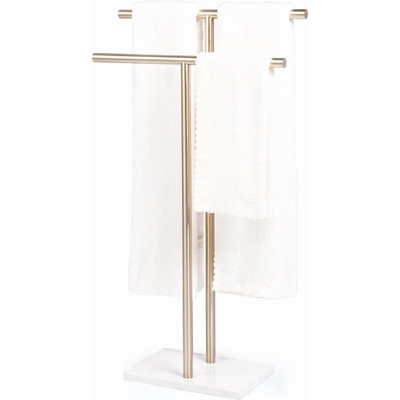 Free Standing 2 Tier Towel Rack with Heavy Marble Base and Satin Gold Finish