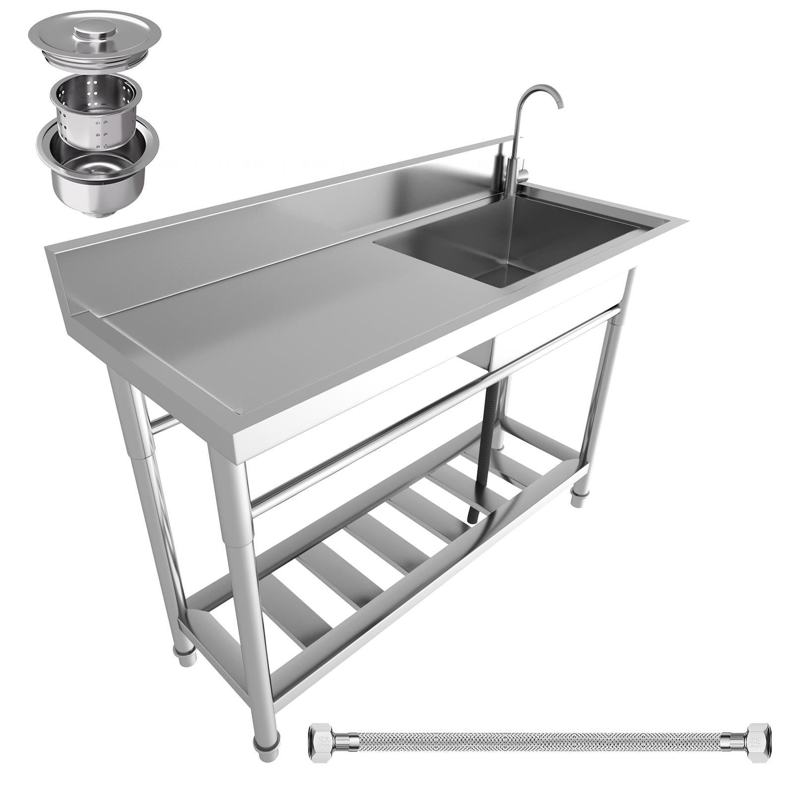 Free Standing 47in Stainless-Steel Sink Set, Commercial Prep & Utility with Workbench, Storage Shelves for Indoor Outdoor Catering Place
