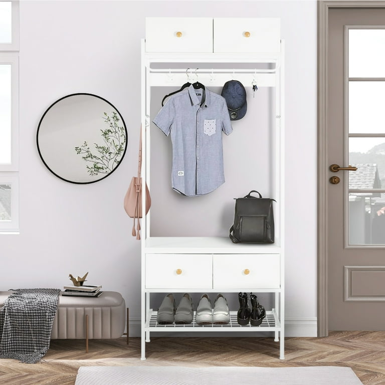 AODAILIHB Freestanding Clothes Rack with 2 Shelves 4 Drawers and Hooks White