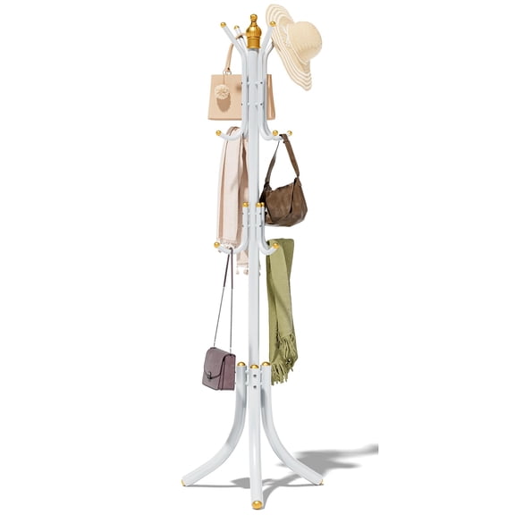 Free-Standing Coat Rack With 12 Hooks Metal Stand Organizer For Jackets Handbags Hats Scarves Home Office Entryway In Standard White