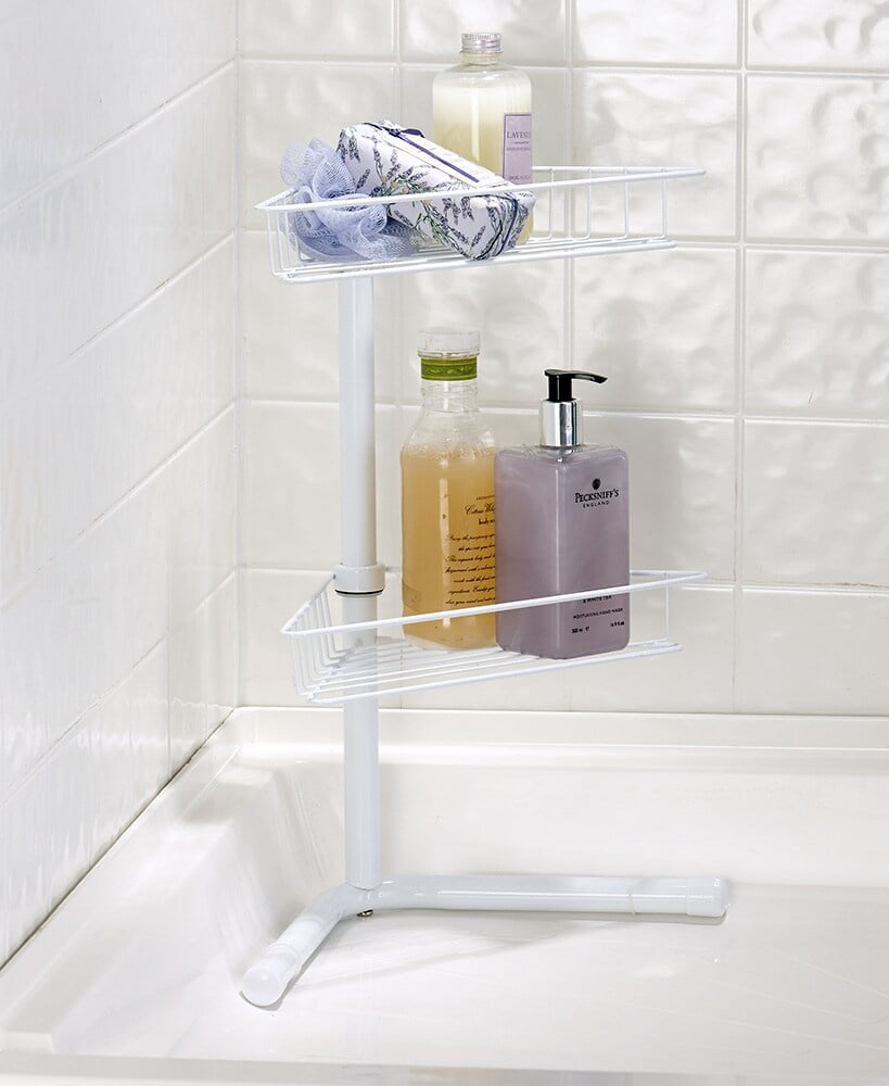 Free-Standing Corner Bathroom Shelf - 2-Tier Shower Organizer Caddy - White  