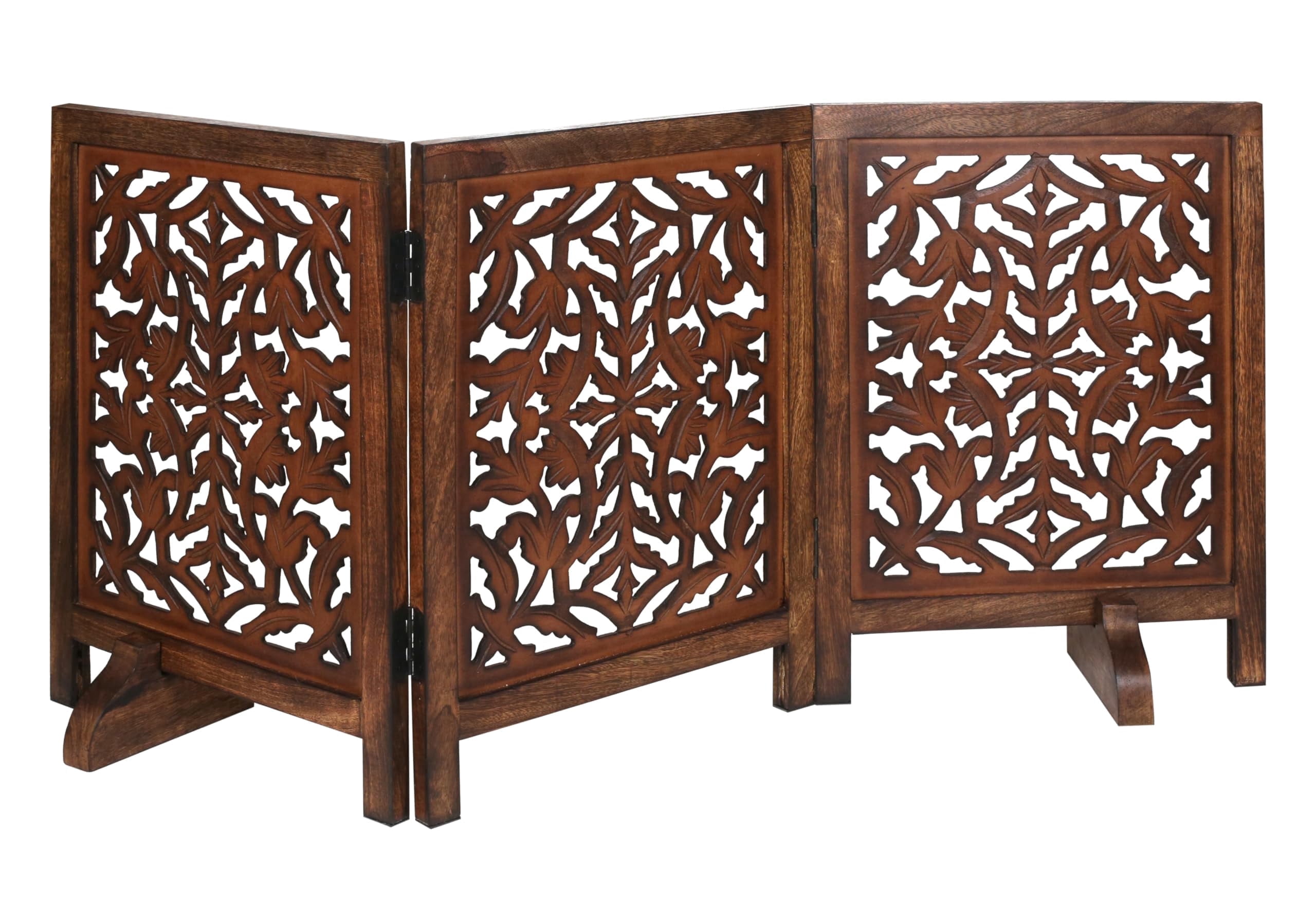 Free Standing Dog Gate – 3 Panel Foldable Wooden pet gate Indoor 54" W x 24" H, Hand-Carved Solid Wood & MDF, Portable Indoor Gate for Doorways, Halls, Stairs – Fully Assembled_Burnt Finish