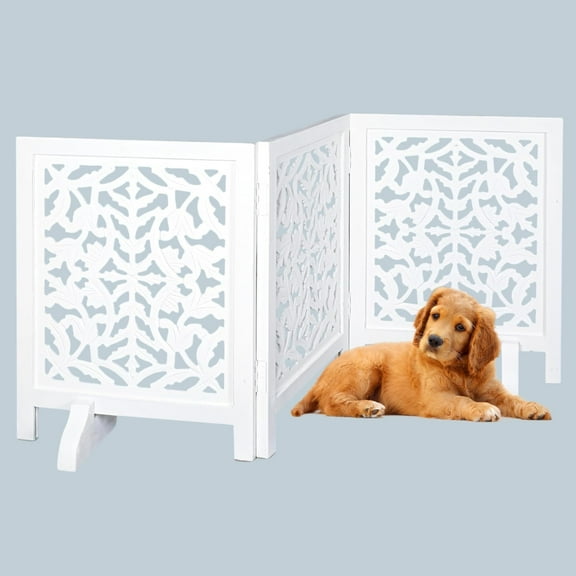 Free Standing Dog Gate 3 Panel Foldable Wooden pet gate Indoor 54" W x 24" H, Hand-Carved Solid Wood & MDF, Portable Indoor Gate for Doorways, Halls, Stairs Fully Assembled - White Antique