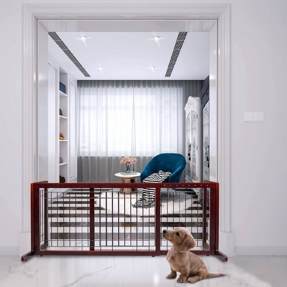 Free Standing Dog Gate, 37" - 68" Wide Pet Gate for Fireplace Stairs Doorways, Wooden Adjustable Pet Fence Indoor, Christmas Tree Gate (Cherry)
