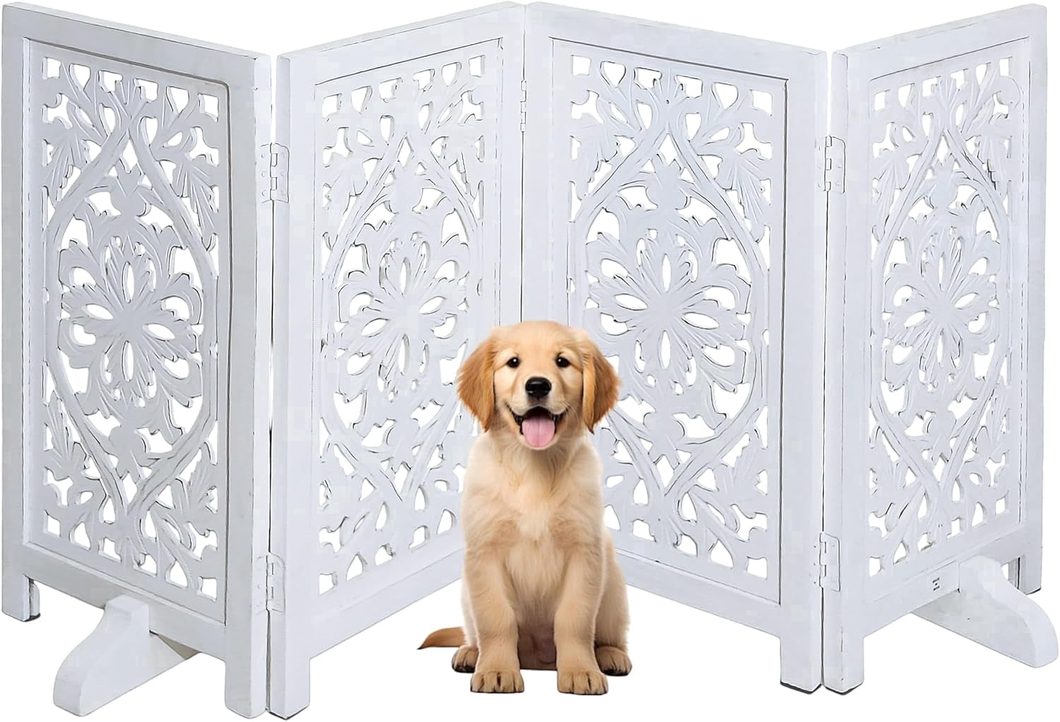 The Wooden Town Foldable Free-Standing Pet Gate, 4-Panel Wooden Dog Barrier, 56" W x 28" H, White Finish, Hand-Carved Solid Wood & MDF