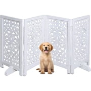 The Wooden Town Foldable Free-Standing Pet Gate, 4-Panel Wooden Dog Barrier, 56" W x 28" H, White Finish, Hand-Carved Solid Wood & MDF