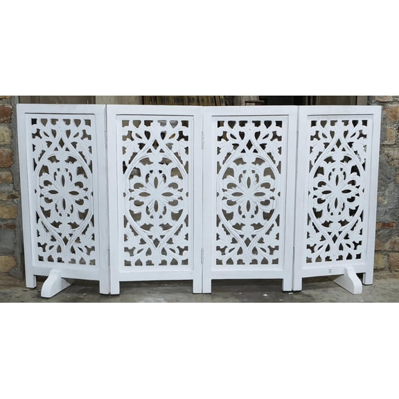 The Wooden Town Foldable Free-Standing Pet Gate, 4-Panel Wooden Dog Barrier, 56" W x 28" H, White Finish, Hand-Carved Solid Wood & MDF