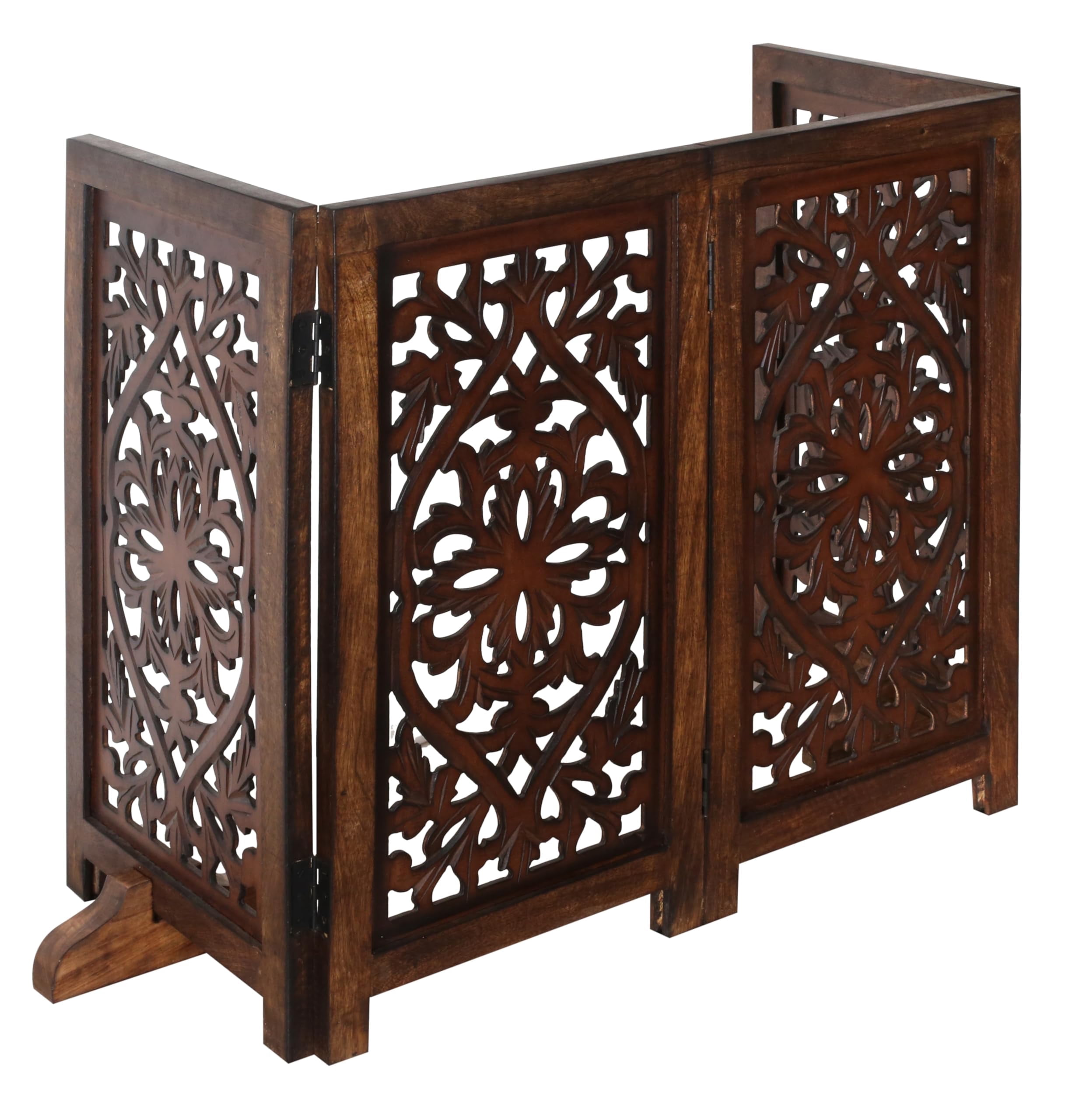 Free Standing Dog Gate – 4 Panel Foldable Wooden pet gate Indoor 56" W x 28" H, Hand-Carved Solid Wood & MDF, Portable Indoor Gate for Doorways, Halls, Stairs – Fully Assembled, Burnt Finish