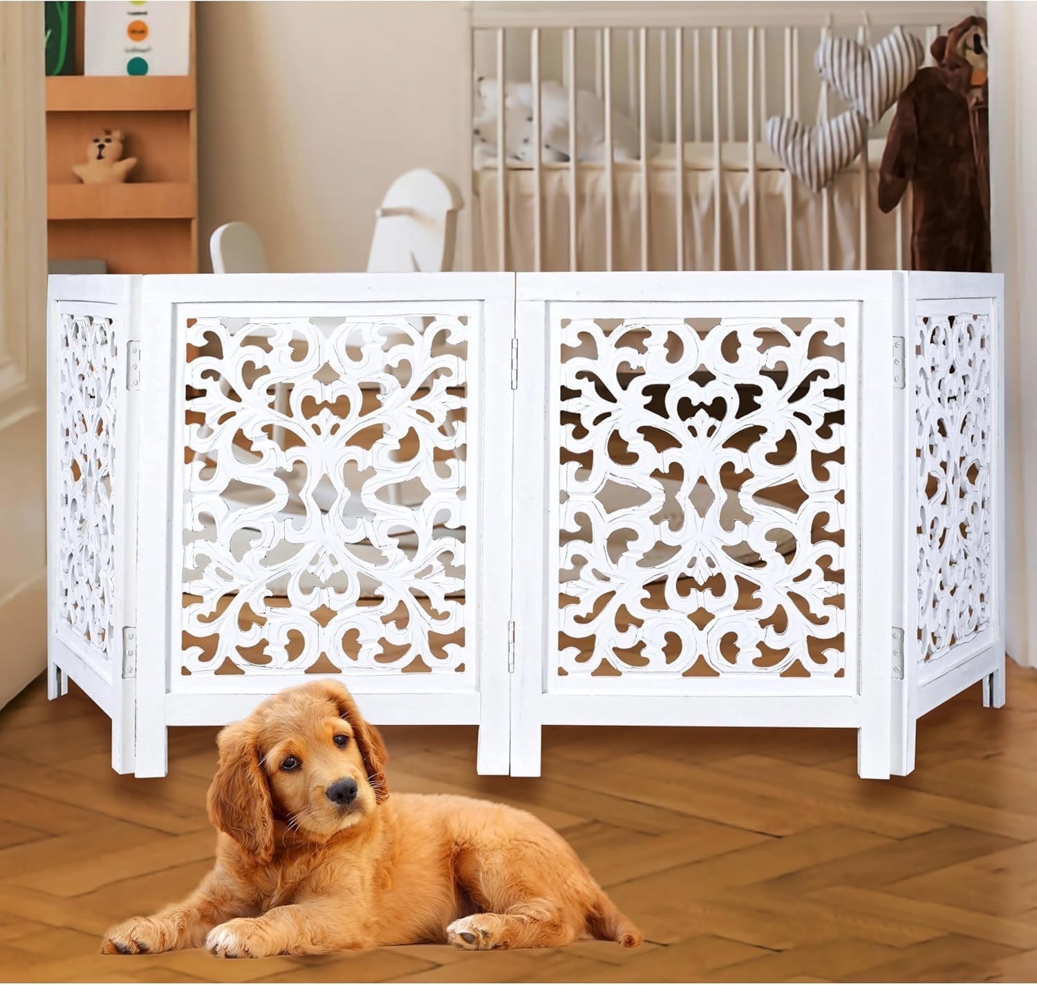 Free Standing Dog Gate – 4 Panel Foldable Wooden pet gate Indoor 72" W x 24" H, Hand-Carved Solid Wood & MDF, Portable Indoor Gate for Doorways, Halls, Stairs – Fully Assembled, Antique White