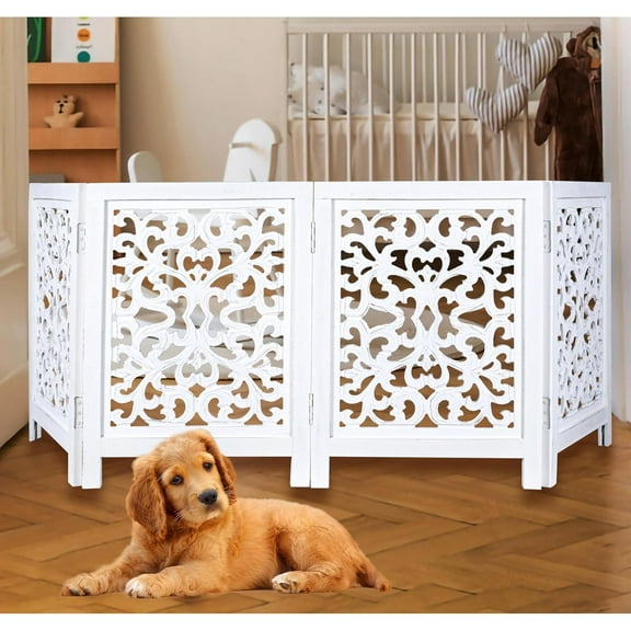 Free Standing Dog Gate 4 Panel Foldable Wooden pet gate Indoor 72" W x 24" H, Hand-Carved Solid Wood & MDF, Portable Indoor Gate for Doorways, Halls, Stairs Fully Assembled, Antique White