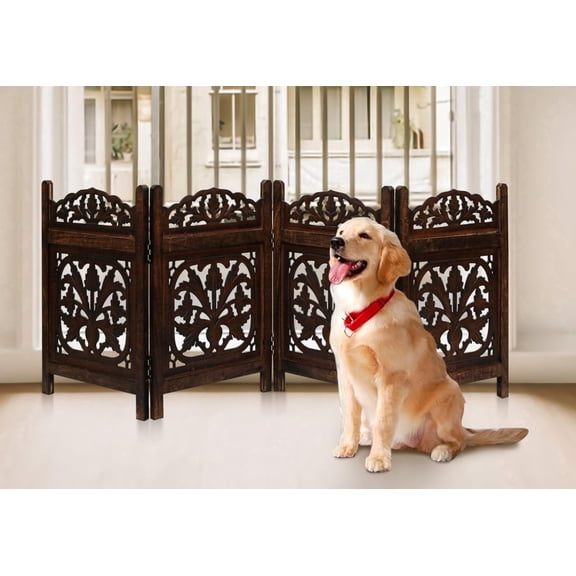 Free Standing Dog Gate – 4 Panel Foldable Wooden pet gate Indoor 72" W x 24" H, Hand-Carved Solid Wood & MDF, Portable Indoor Gate for Doorways, Halls, Stairs – Fully Assembled_Burnt Finish