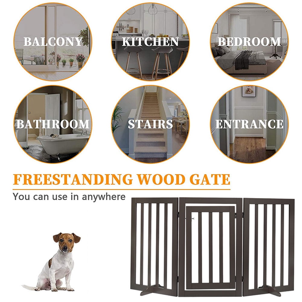 Free Standing Dog Gate with Walk Through Door, Sturdy Wood Gate for