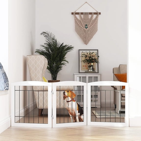 Free Standing Dog Gates for The House Stairs Doorways Indoor Foldable Wooden Small White Puppy Pet Gate Step Over Fence 60" W 24" H 3 Panels