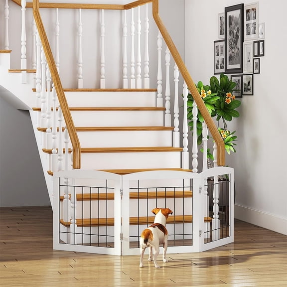 Free Standing Dog Gates for The House Stairs Doorways Indoor Foldable Wooden Small White Puppy Pet Gate Step Over Fence 60" W 24" H 3 Panels