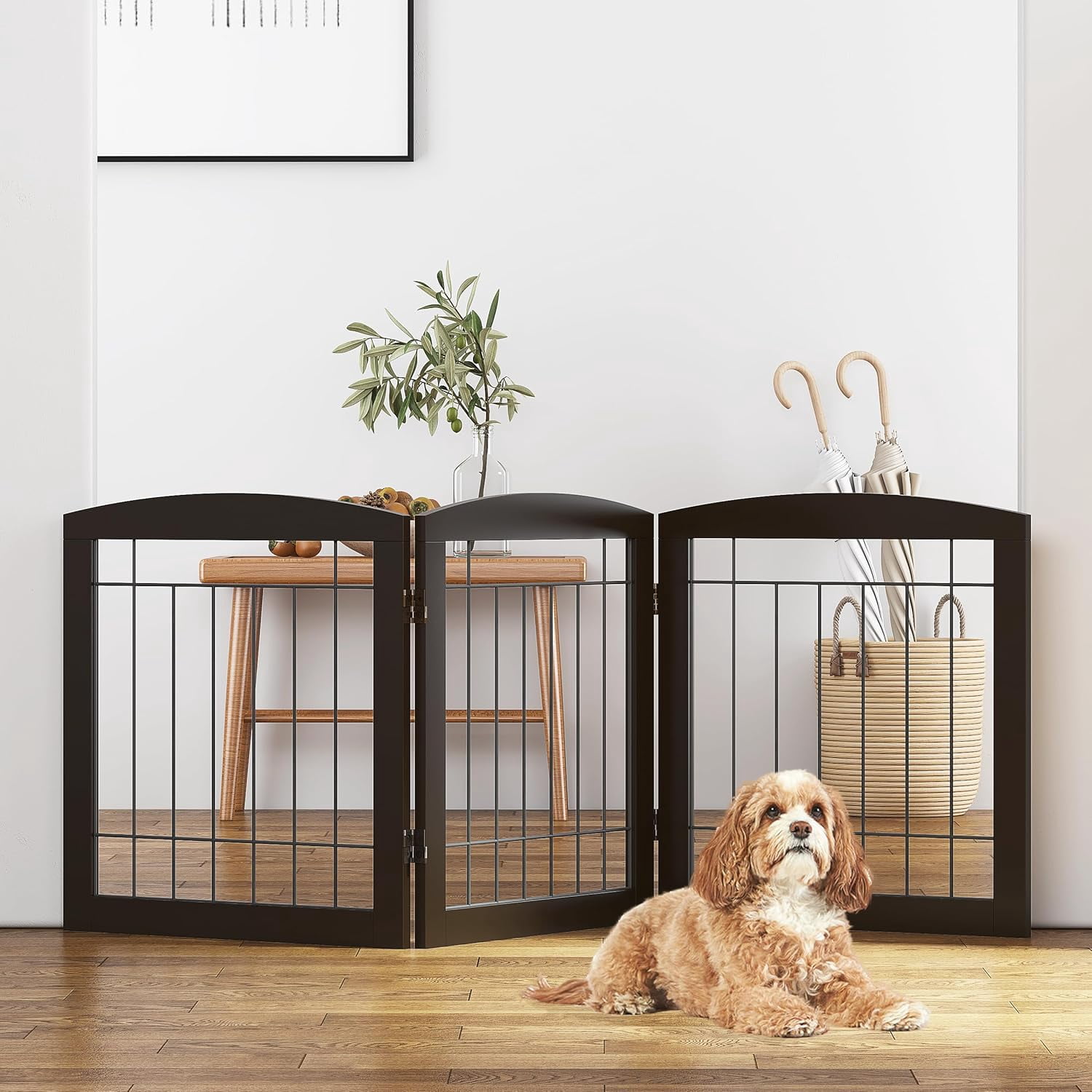 Free Standing Dog Gates for The House Stairs Doorways Indoor Foldable Wooden Small White Puppy Pet Gate Step Over Fence 60" W 24" H 3 Panels Espresso