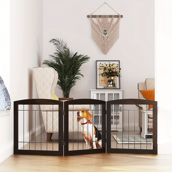 Free Standing Dog Gates for The House Stairs Doorways Indoor Foldable Wooden Small White Puppy Pet Gate Step Over Fence 60" W 24" H 3 Panels