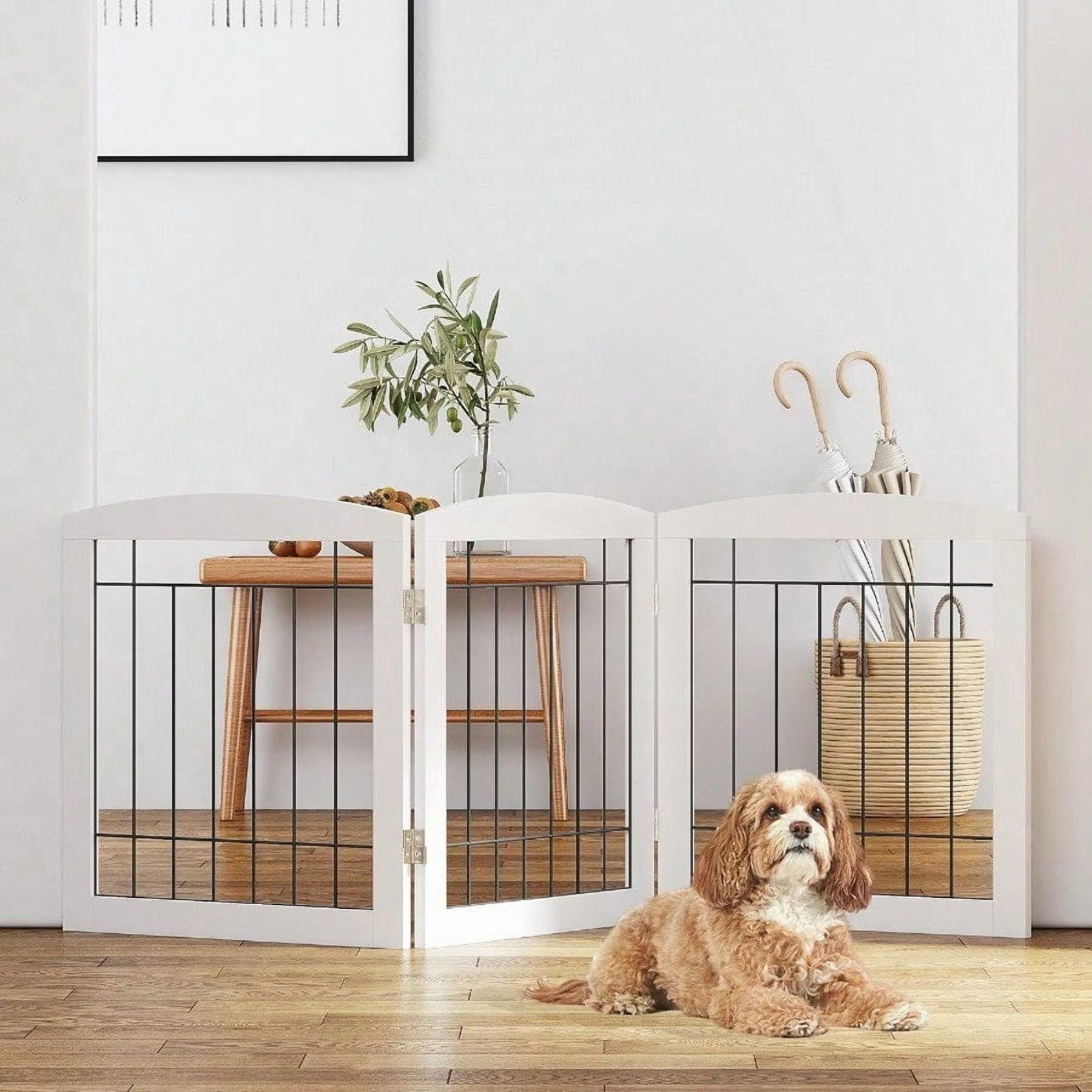 PAWLAND Free Standing Dog Gates For The House Stairs Doorways Indoor Foldable Wooden Small White Puppy Pet Gate Step Over Fence 60 W 24 H 3 Panels