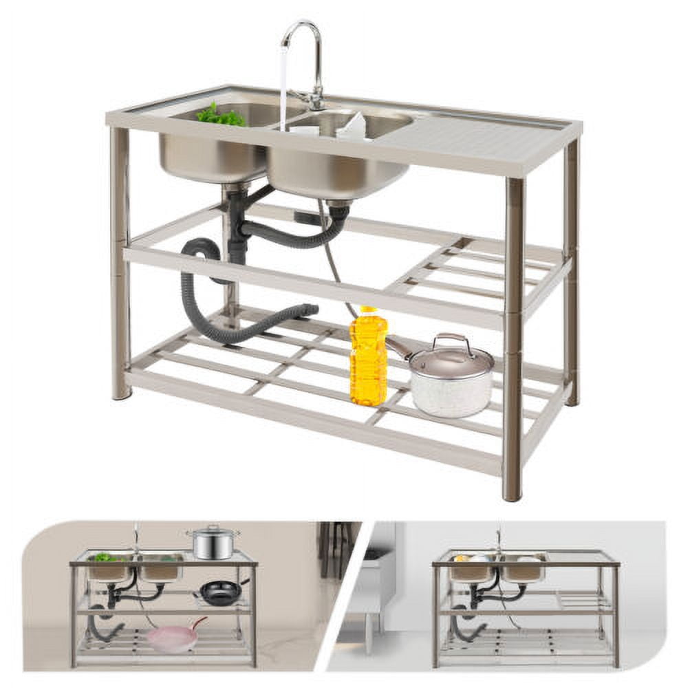 Free Standing Double Bowl Sink Commercial Restaurant Kitchen Sink Set w/Faucet & Drainboard, Prep & Utility Washing Hand Basin w/Workbench & Double Storage Shelves Stainless-Steel