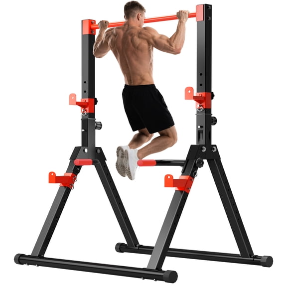 Free Standing Foldable Pull Up Bar, Triangular Power Tower Workout Dip Station for Home, Height Adjustable Pull Up Bar Stand Dip Bar Strength Training Workout Equipment, Support 500lbs,Black + Red