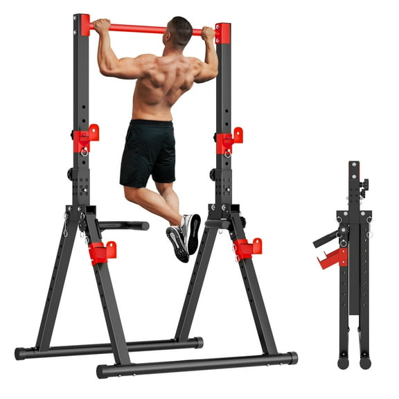 Free Standing Foldable Pull Up Bar, Triangular Power Tower Workout Dip Station for Home, Height Adjustable Pull Up Bar Stand Dip Bar Strength Training Workout Equipment, Support 500lbs,Black + Red