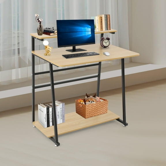 Free Standing Home Office Desk, Rolling 3-Tier Computer Desk (Black+Log Color)