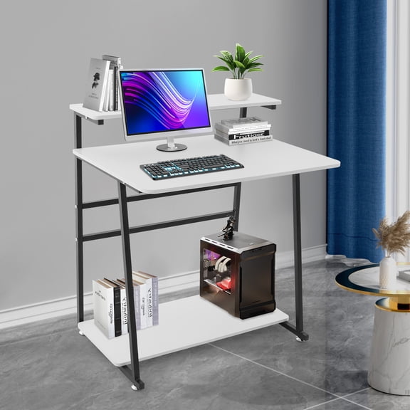 Free Standing Home Office Desk, Rolling 3-Tier Computer Desk (Black+ White)