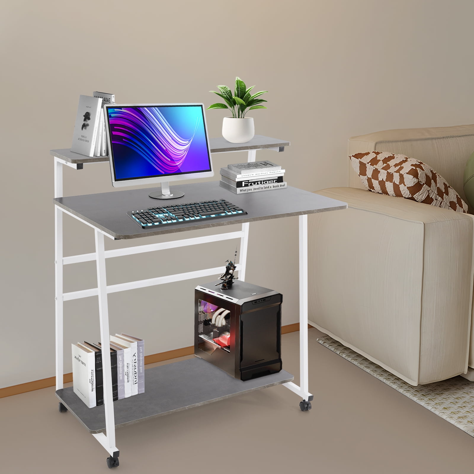 Free Standing Home Office Desk, Rolling 3-Tier Computer Desk (White+Grey)